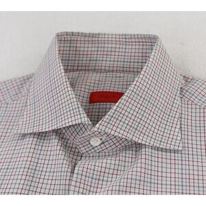 ISAIA Napoli Dress Shirt Men's 15.5 39  White w/Red Gray Plaid Long Sleeve Italy
